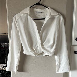 Zara Cream Long Sleeve Collared Women's Cropped Top